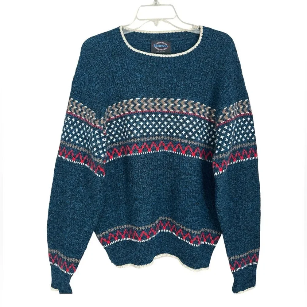 Vintage 80s Jantzen Wool Blend Fair Isle Nordic Sweater Blue Made in USA Size L